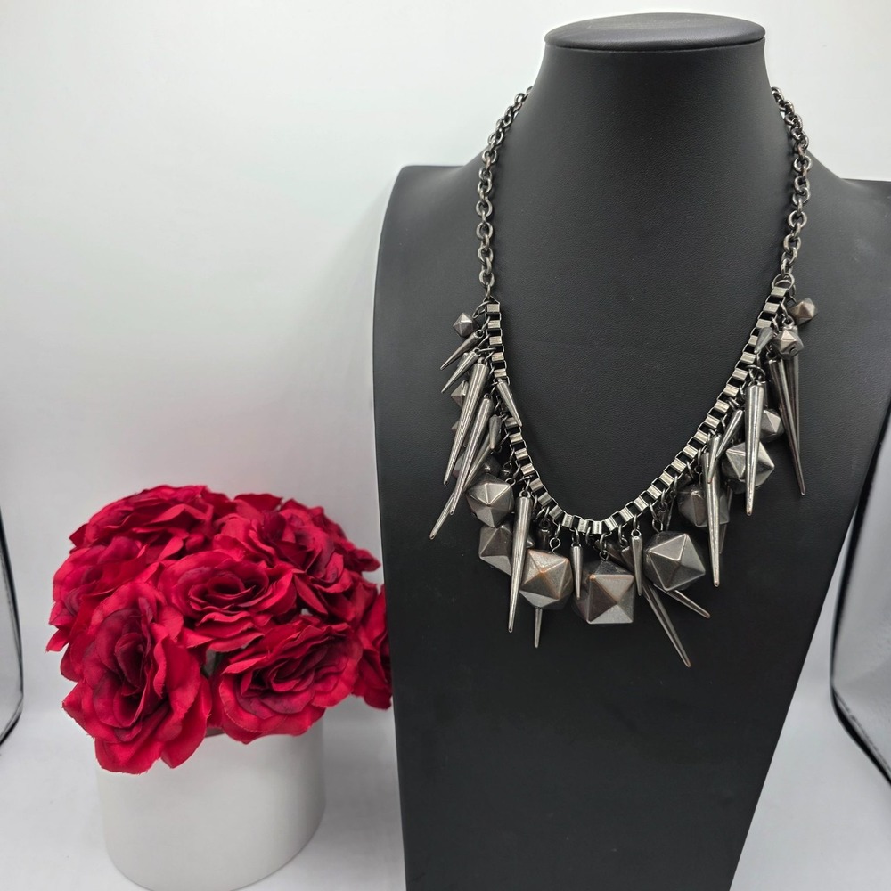 VCLM Statement Chunky Spiked Geometric Charm Necklace Silver Tone‎ Punk Rocker